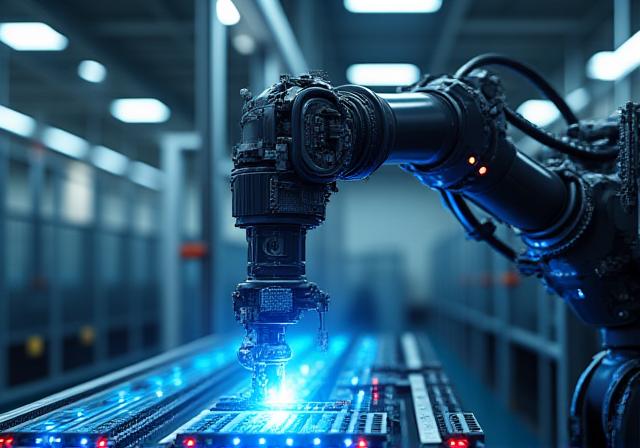 En avansert robotarm styrt av AI i et moderne produksjonsmiljø